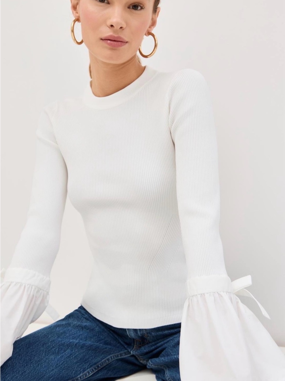 Women’s White Ribbed Mock-Neck Top with Statement Sleeve